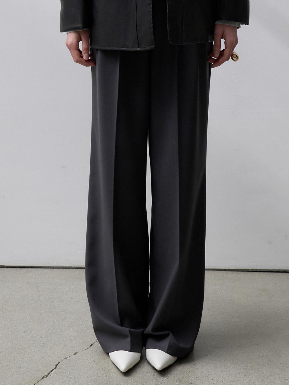ouie Classic Pin Tuck Wide Slacks - Charcoal OU1307
