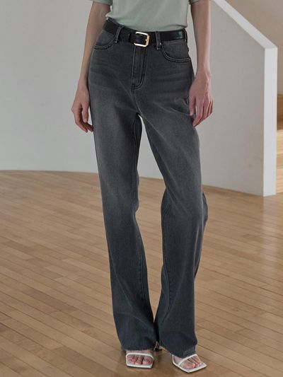 ouie High Waisted Cutting Detail Straight Denim [Deep Grey] (OU1592)