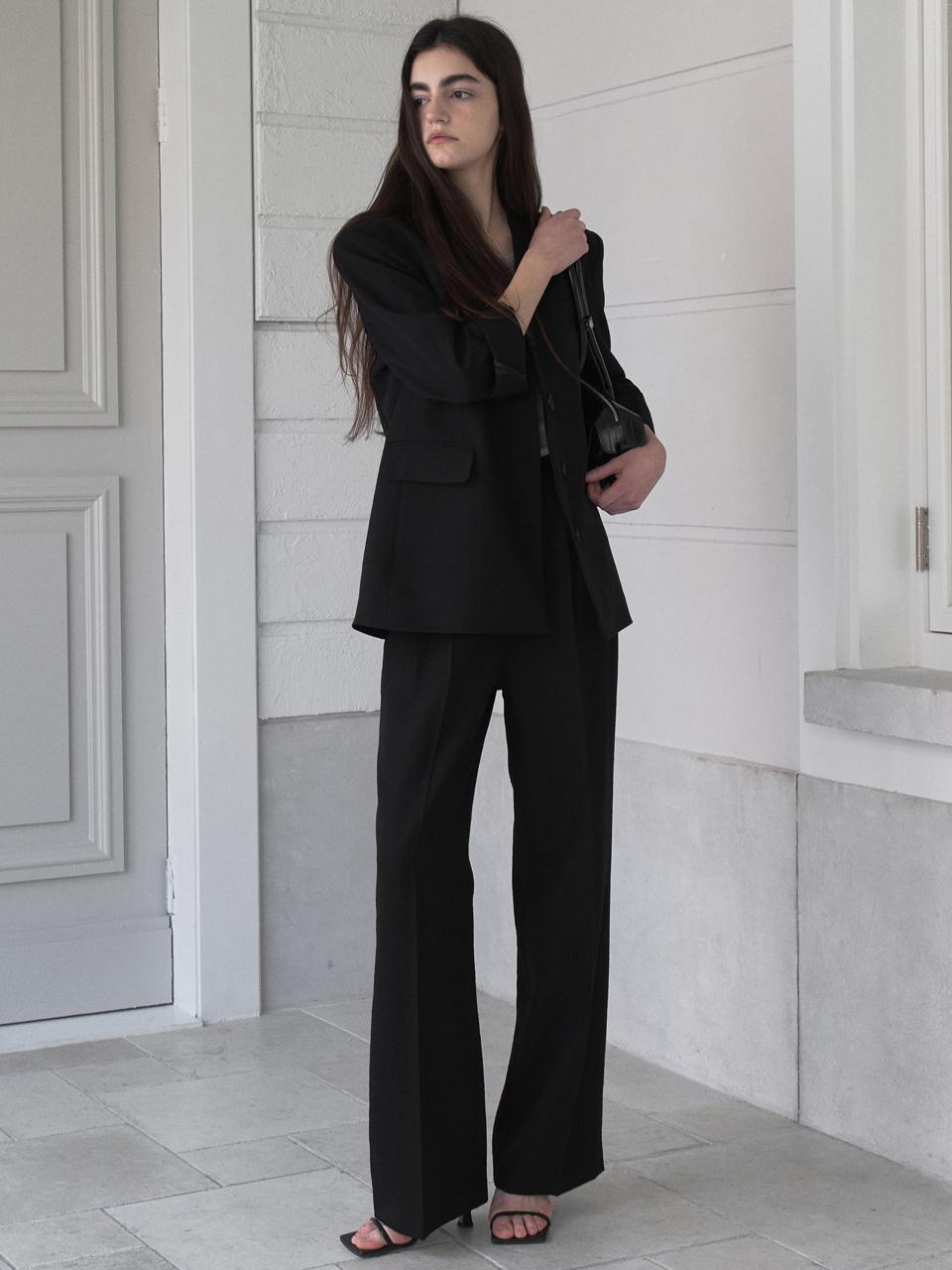 ouie Natural Wrinkled Standard-Fit Spring Jacket Pin-tuck Slacks Set Blazer (OU1672) [Black]