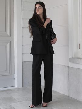 ouie Natural Wrinkled Standard-Fit Spring Jacket Pin-tuck Slacks Set Blazer (OU1672) [Black]