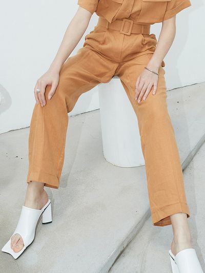 ouie OU679 Pure Linen Turn up Slacks_Orange