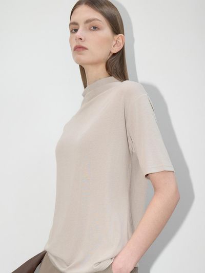 ouie Quarter Neck Half Sleeve Tee - Sand Beige OU1291
