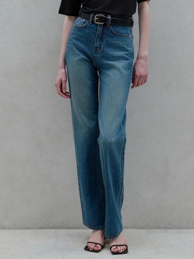ouie Semi Wide Brushed Straight Denim Jeans_Deep Blue