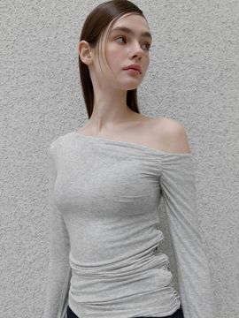 ouie Shirred Wool Half Off Shoulder Top_Melange Grey