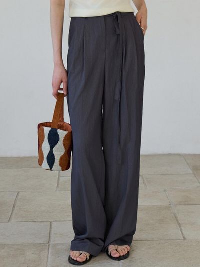 ouie Summer Cool Belted Wide Denim Trousers [Charcoal] (OU1676)