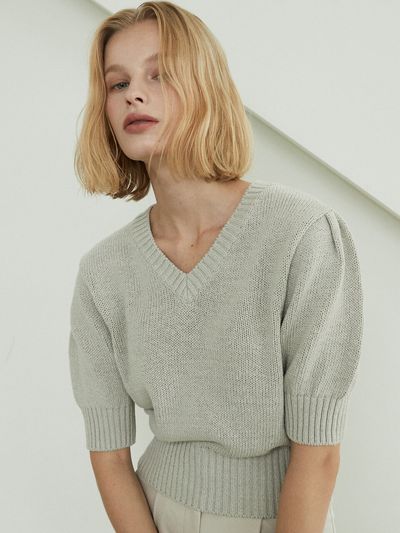 ouie V Neck Puff Knit Pullover (Gray Beige)