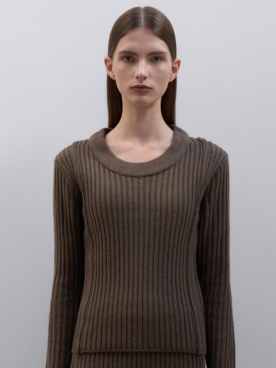 ouie Wool Scoop Neck Ribbed Knit - Brown OU1301