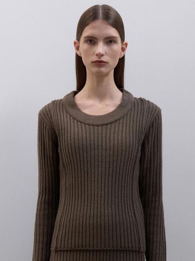 ouie Wool Scoop Neck Ribbed Knit - Brown OU1301