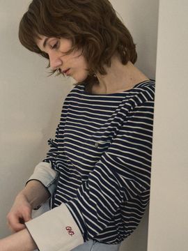 OUR NOSTALGIA Boatneck Stripe T-shirt [Navy] (O25-TP03)