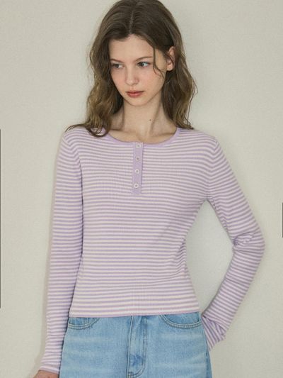 OUR NOSTALGIA Chewy Ribbed Button Stripe Knit Sweater [Lavender fog] (OC25-KN02)