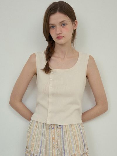 OUR NOSTALGIA Cider linen knit sleeveless vest [Ivory] (OC25-KN07)