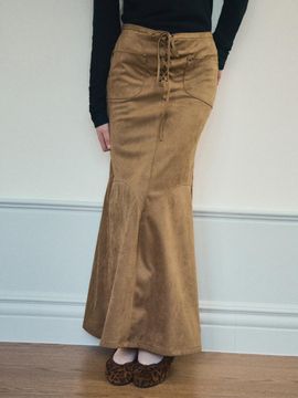OUR NOSTALGIA Eyelet Suede Mermaid Long Skirt [Taupe beige] (OC25-SK02)