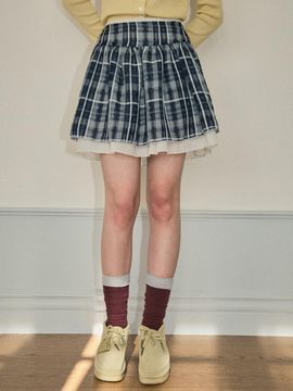 OUR NOSTALGIA Fog Check Mini Skirt [Navy] (O25-SK02)