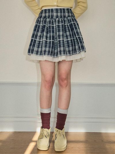 OUR NOSTALGIA Fog Check Mini Skirt [Navy] (O25-SK02)