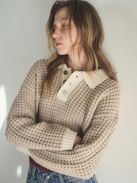 OUR NOSTALGIA Honeycomb texture crop knitwear_Beige