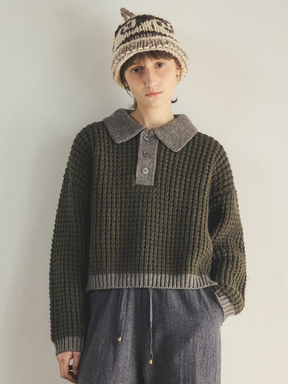 OUR NOSTALGIA Honeycomb texture crop knitwear_Khaki