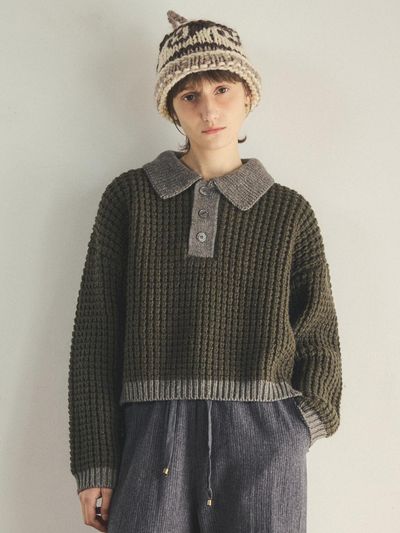 OUR NOSTALGIA Honeycomb texture crop knitwear_Khaki