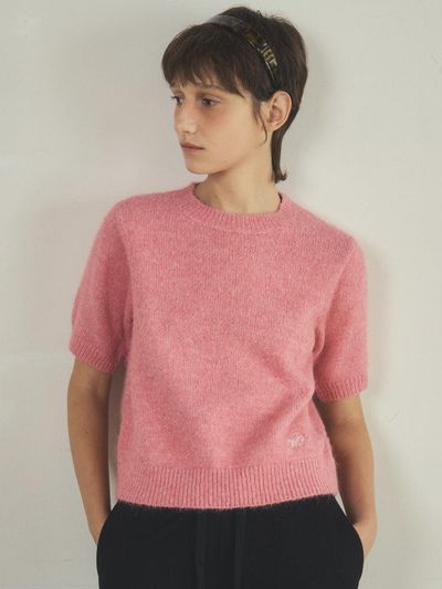 OUR NOSTALGIA mixed Yarn round hairy half sleeve knitwear_Pink