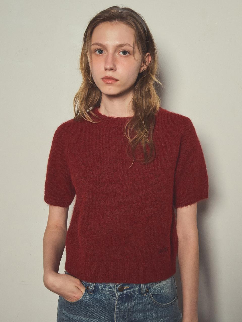 OUR NOSTALGIA mixed Yarn round hairy half sleeve knitwear_Red
