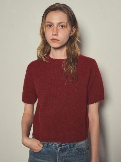 OUR NOSTALGIA mixed Yarn round hairy half sleeve knitwear_Red
