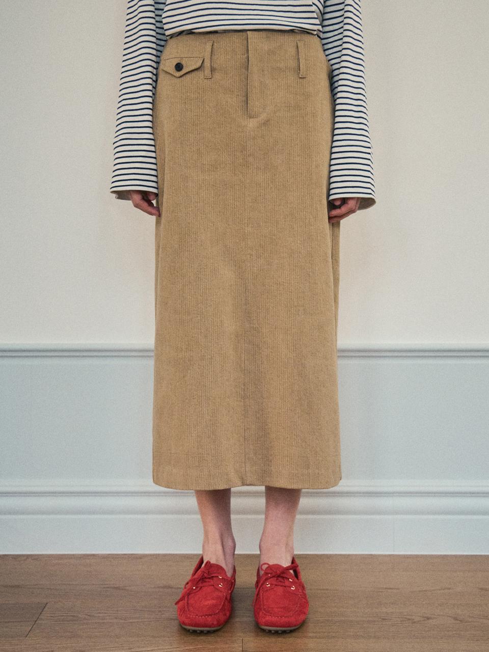 OUR NOSTALGIA Pocket Herringbone Midi Skirt [Camel] (O25-SK03)