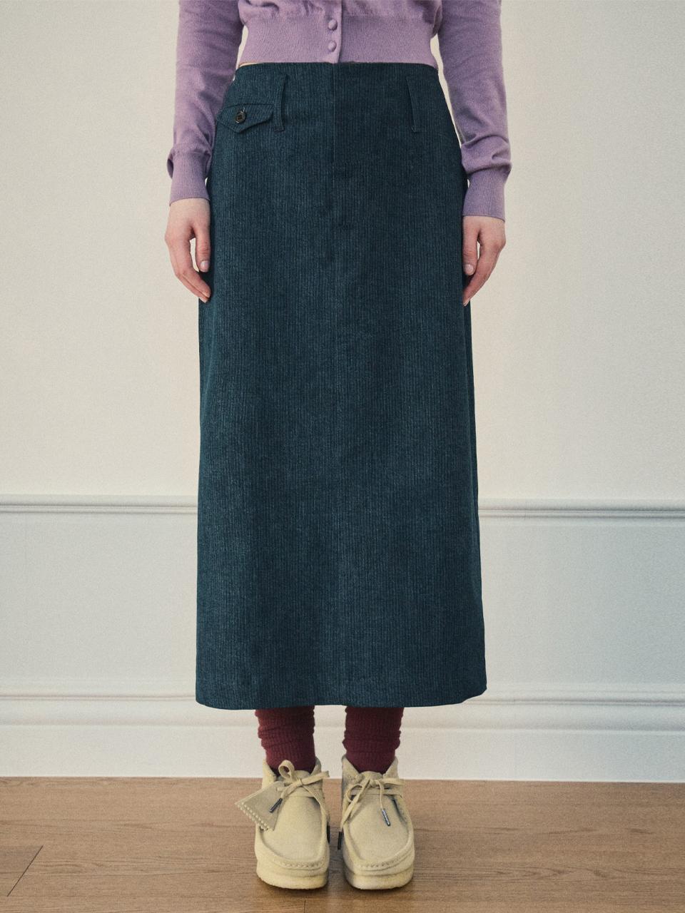 OUR NOSTALGIA Pocket Herringbone Midi Skirt [Denim] (O25-SK03)