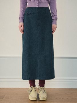 OUR NOSTALGIA Pocket Herringbone Midi Skirt [Denim] (O25-SK03)