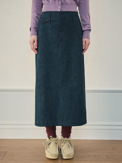 OUR NOSTALGIA Pocket Herringbone Midi Skirt [Denim] (O25-SK03)