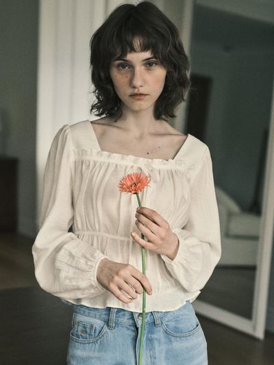 OUR NOSTALGIA Square Neck Shirring Blouse [Light Beige] (O25-BL01)