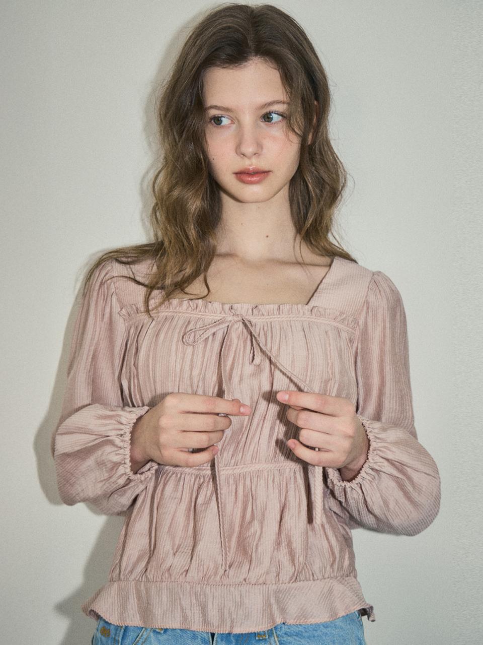 OUR NOSTALGIA Square Neck Shirring Blouse [Pink] (O25-BL01)