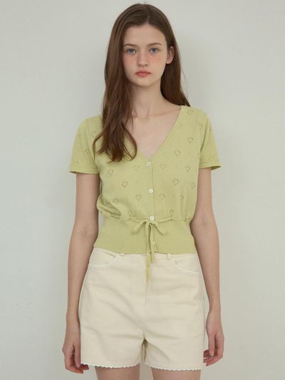 OUR NOSTALGIA Summer Heart Skacy Half Knit Cardigan [White Green] (OC25-KN06)