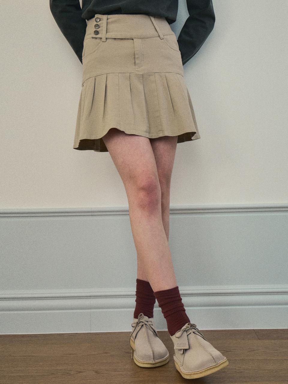 OUR NOSTALGIA Twill Cotton Pintuck Skirt [Beige] (OC25-SK01)