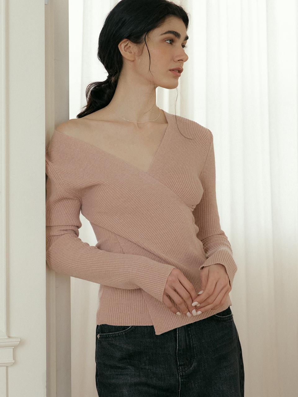 ourcomos comos 1047 Cross V-neck Knit_Pink