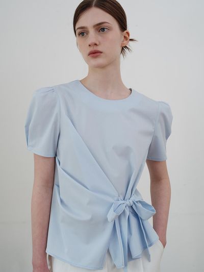 ourcomos Comos 1126 Unbalance Ribbon Blouse_Sky Blue