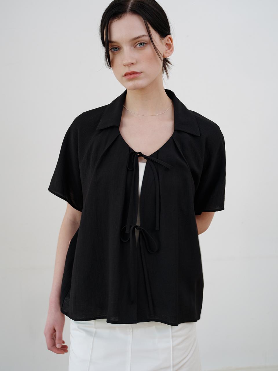 ourcomos Comos 1127 V Neck Ribbon Cardigan Blouse_Black