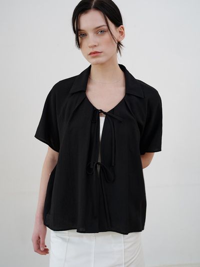 ourcomos Comos 1127 V Neck Ribbon Cardigan Blouse_Black