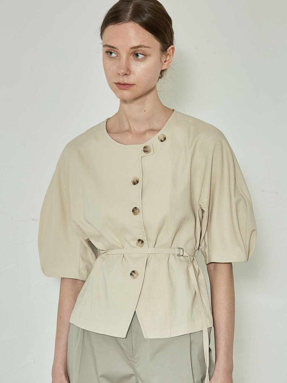 ourcomos Comos 835 Stitch Raglan Sleeve Belt Blouse_Beige