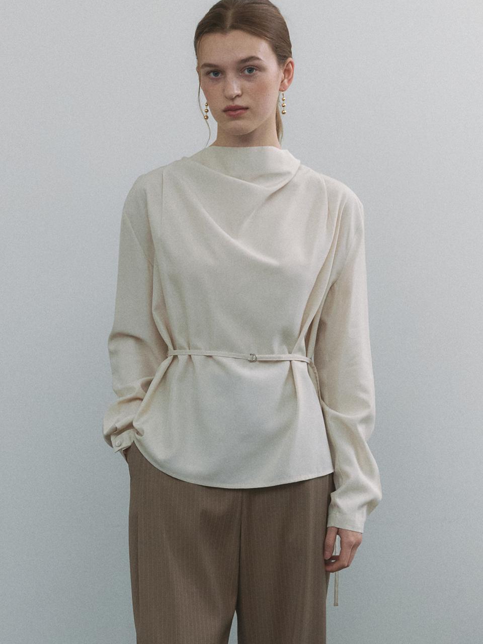 ourcomos Cowl-neck String Tencel Blend Blouse [Cream] (1319)