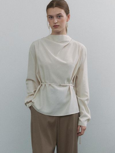 ourcomos Cowl-neck String Tencel Blend Blouse [Cream] (1319)