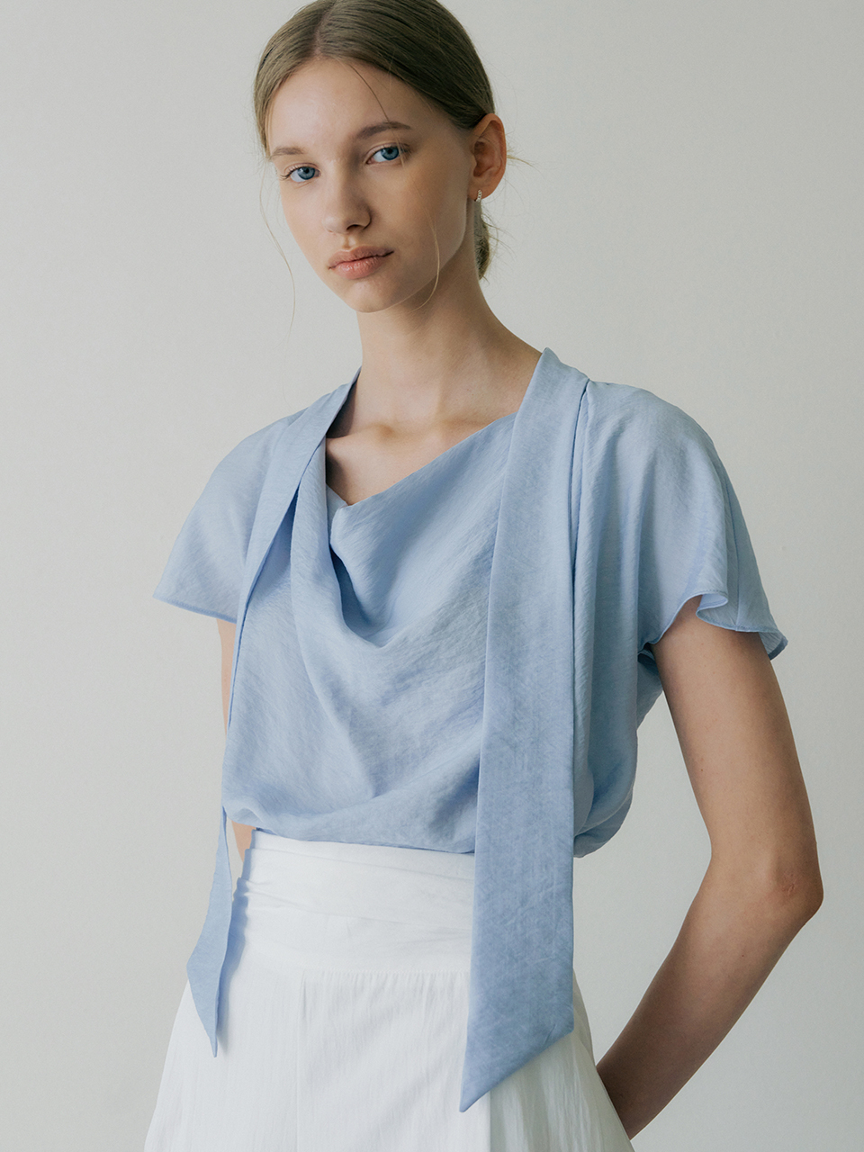 ourcomos Cowl Neck Pin-tuck Scarf Blouse