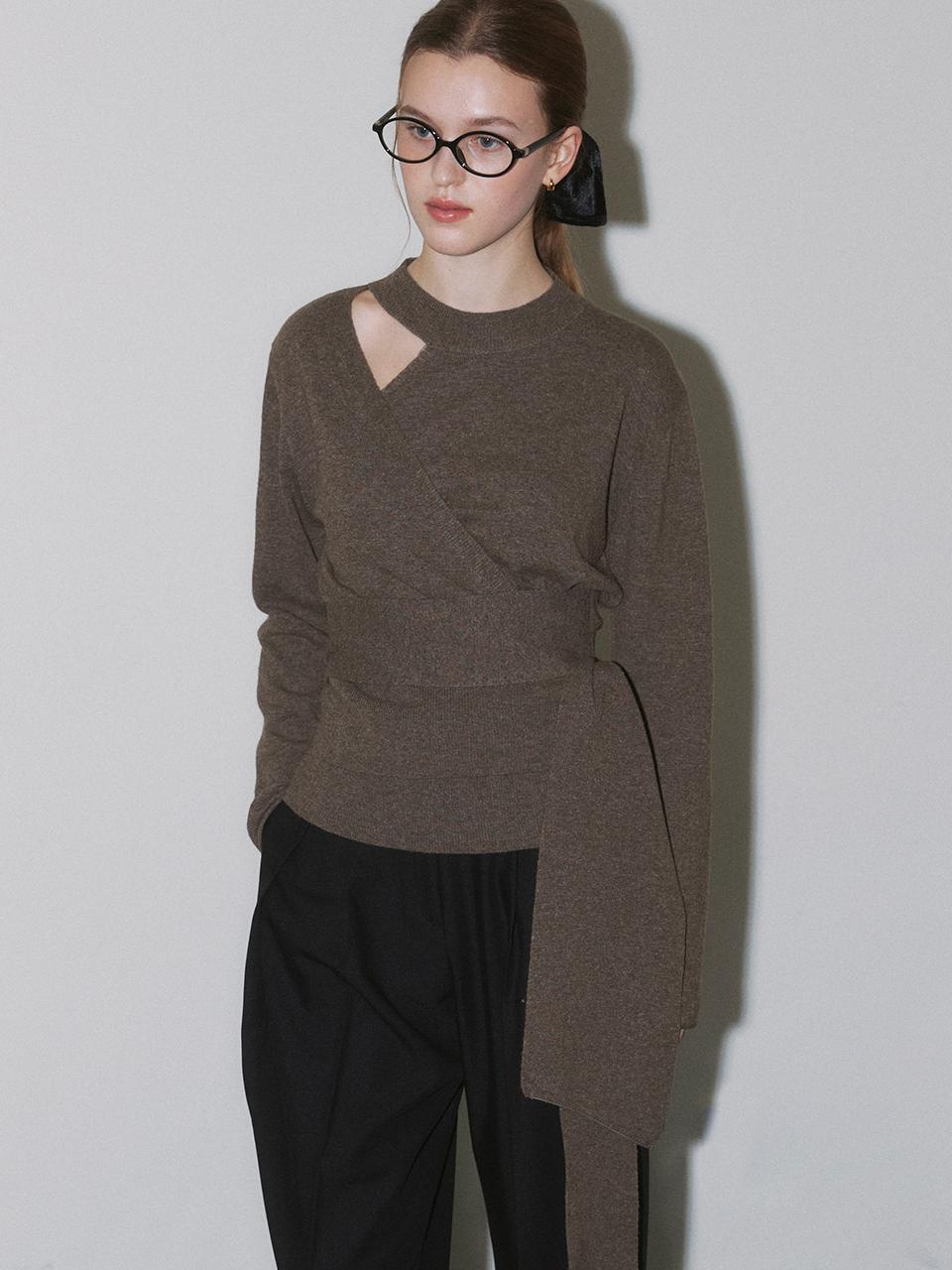 ourcomos Cross Wrap Choker Neck Cashmere Merino Knit [Brown] (1314)