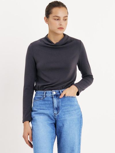 ourcomos Half High Neck Crease T-shirt_Dark Grey