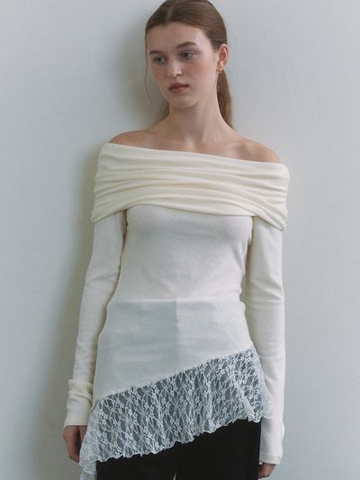 ourcomos Lace Ruffle Off-shoulder T-shirt [Beige] (1298)