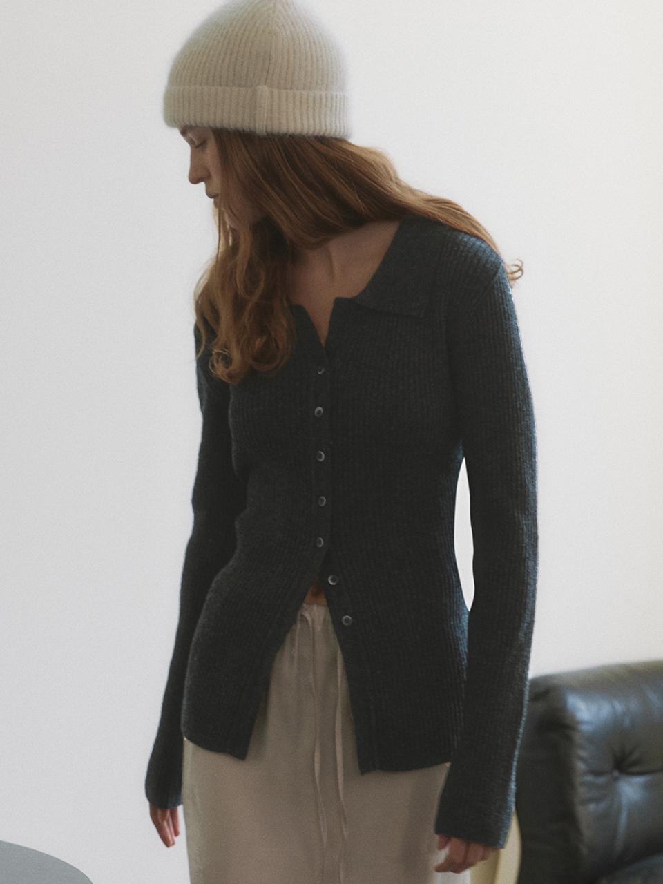 ourcomos Merino Wool Open Collar Ribbed Cardigan [Charcoal] (1305)
