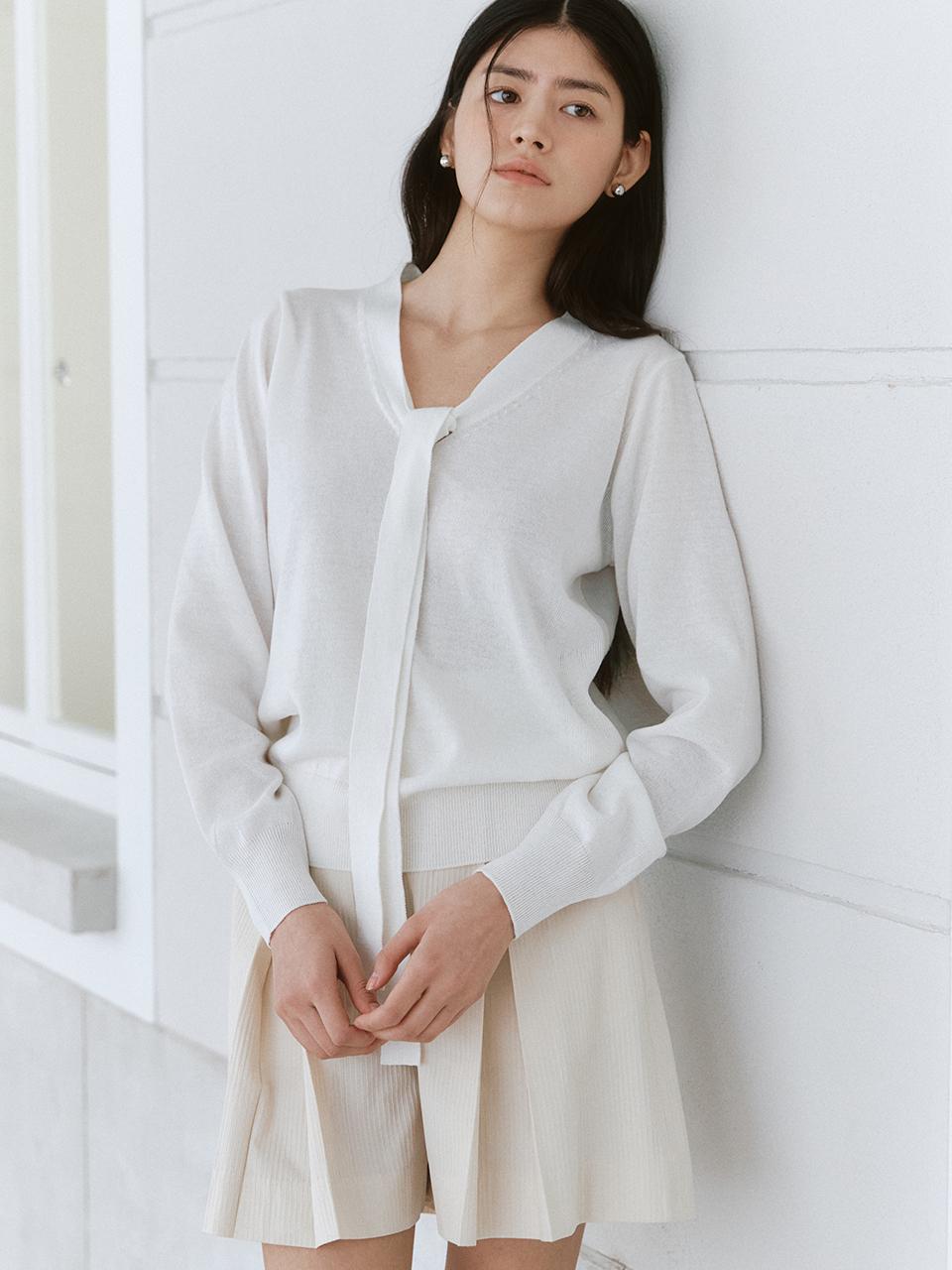 ourcomos Tie V-neck Ribbed Sweater [Ivory]