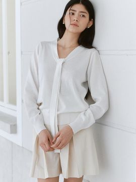 ourcomos Tie V-neck Ribbed Sweater [Ivory]