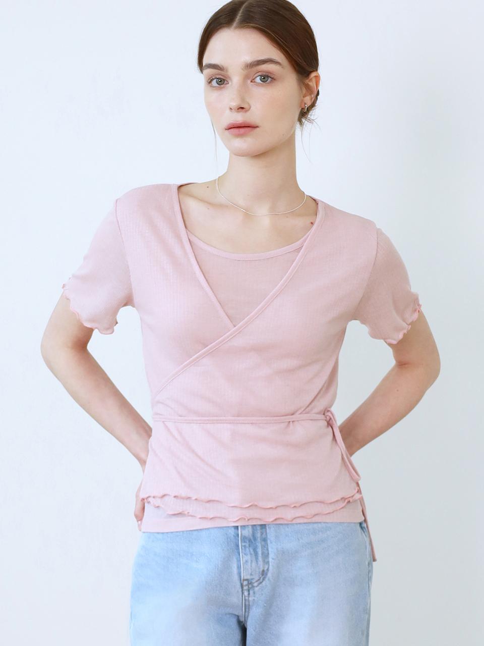 ourcomos Wrap Frill Half T-shirt (Pink)