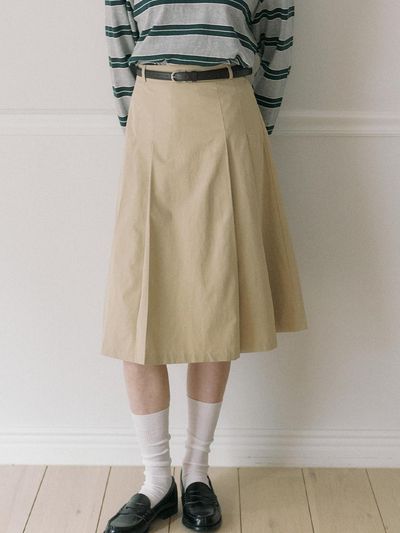 ourhope Belt Set Midi Pleats Banding Skirt - Beige