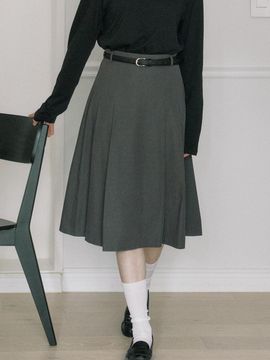 ourhope Belt Set Midi Pleats Banding Skirt - Grey