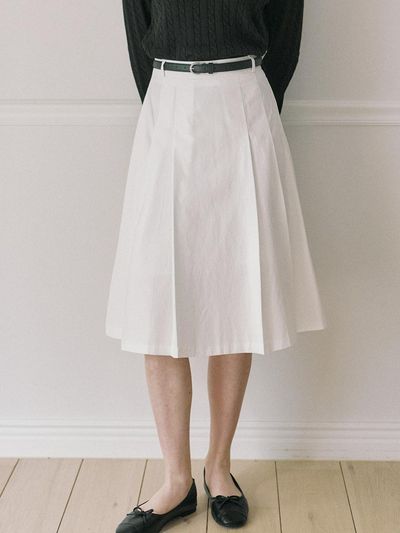 ourhope Belt Set Midi Pleats Banding Skirt - White